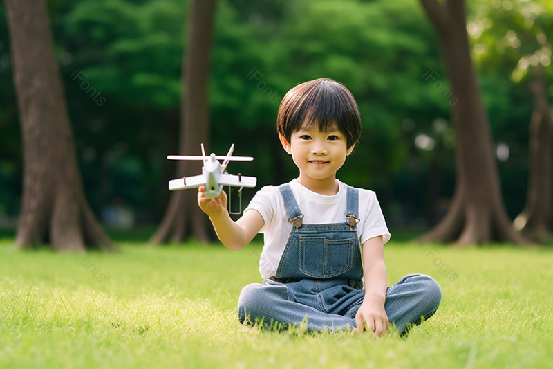 举起飞机模型的小男孩暑假亲子活动出游实拍摄影图,高清,摄影图,摄影图片,图片大全,摄影图免费下载